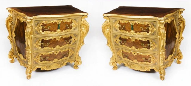Antique Pair Venetian Walnut and Giltwood Commodes Chests 19th C