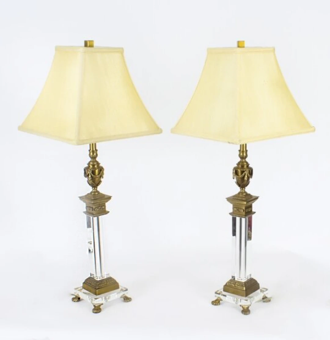 Vintage Pair Corinthian Column Ormolu & Glass Table Lamps Mid 20th Century