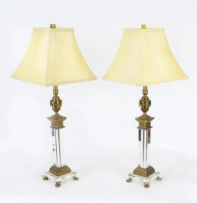 Vintage Pair Corinthian Column Ormolu & Glass Table Lamps Mid 20th Century