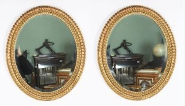 Antique Pair French Rococo Oval Giltwood Mirrors 19th Century 58x49cm