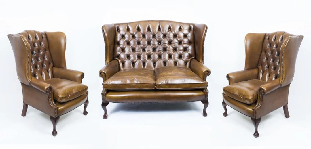 Bespoke English Hand Made 3 x Leather Suite Chippendale Hazel