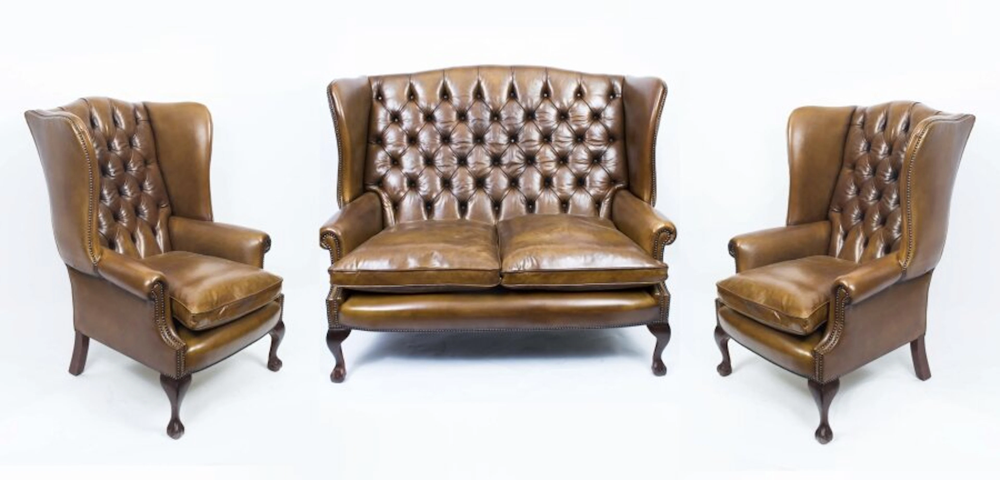 Bespoke English Hand Made 3 x Leather Suite Chippendale Hazel