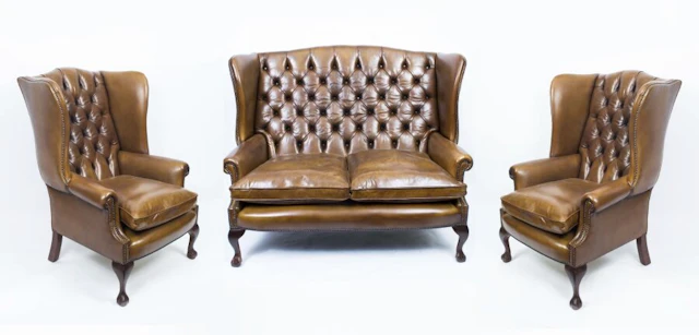 Bespoke English Hand Made 3 x Leather Suite Chippendale Hazel