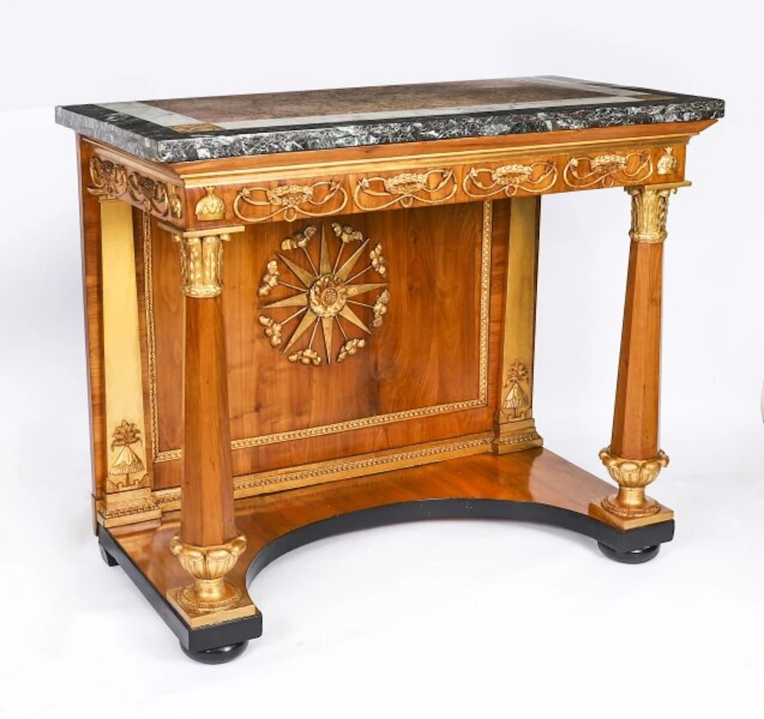 Antique French Empire Period Walnut Marble Top Parcel Gilt Console Table C1810