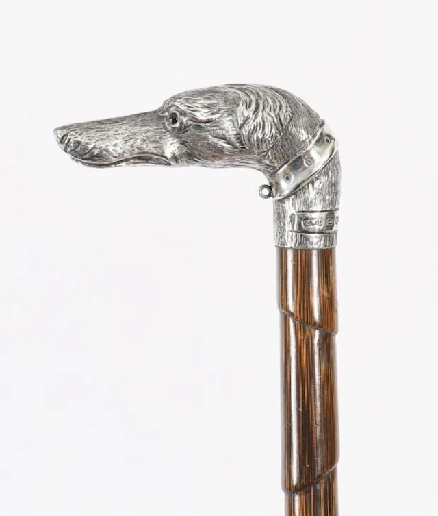 Antique Greyhound Head Sliver Handled Walking Stick Cane 19thC 94cm/37 inch