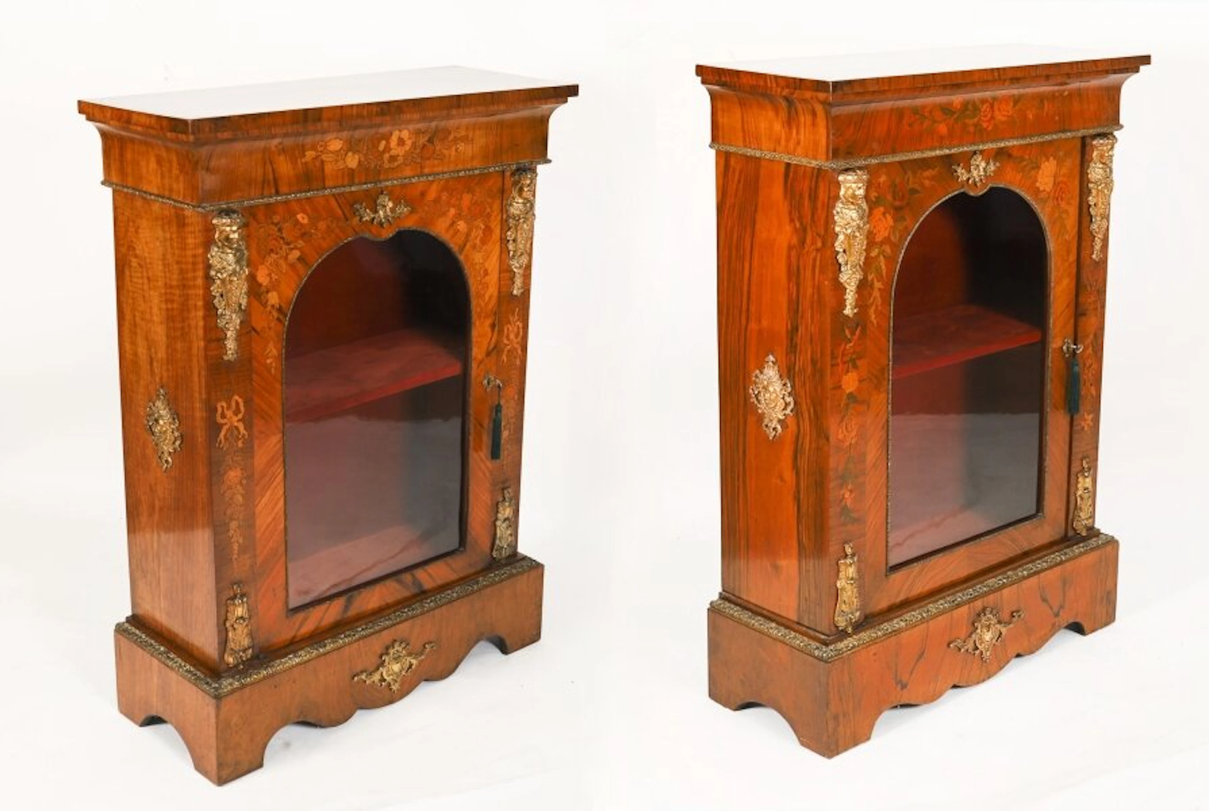 Antique Pair Victorian Walnut Marquetry Pier Cabinets c.1860