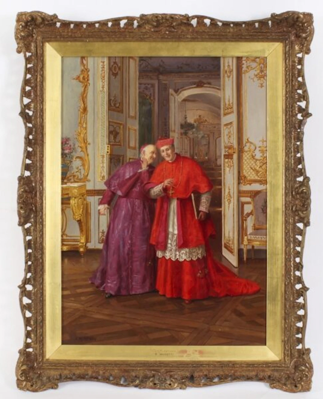 Antique Oil Painting "Confidences" Renato Moretti 19th Century