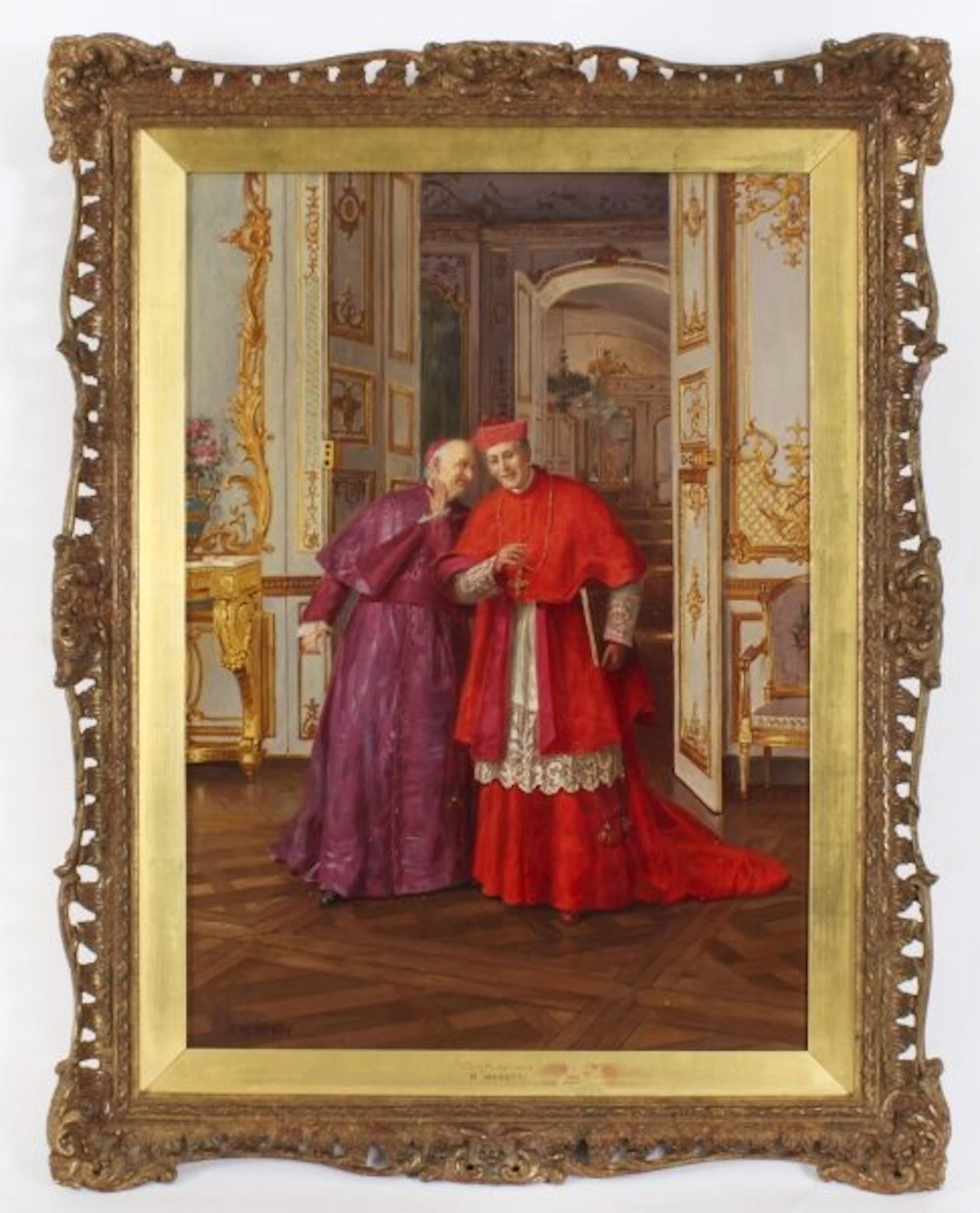 Antique Oil Painting "Confidences" Renato Moretti 19th Century