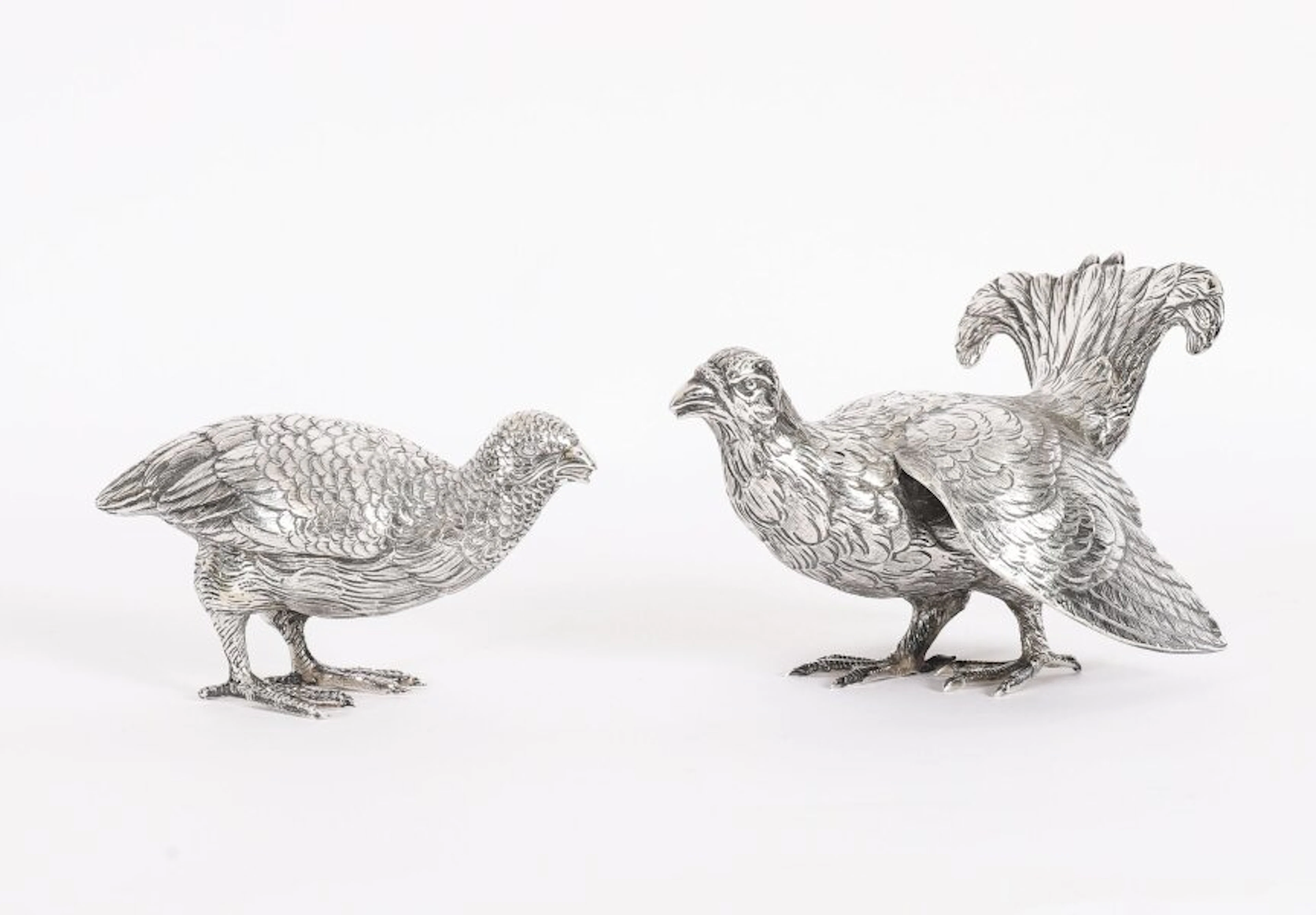 Antique Pair Belgian Silver Grouse Game Birds 19th C