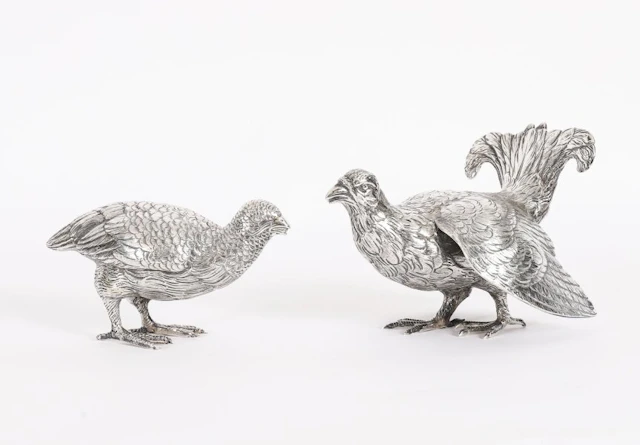 Antique Pair Belgian Silver Grouse Game Birds 19th C