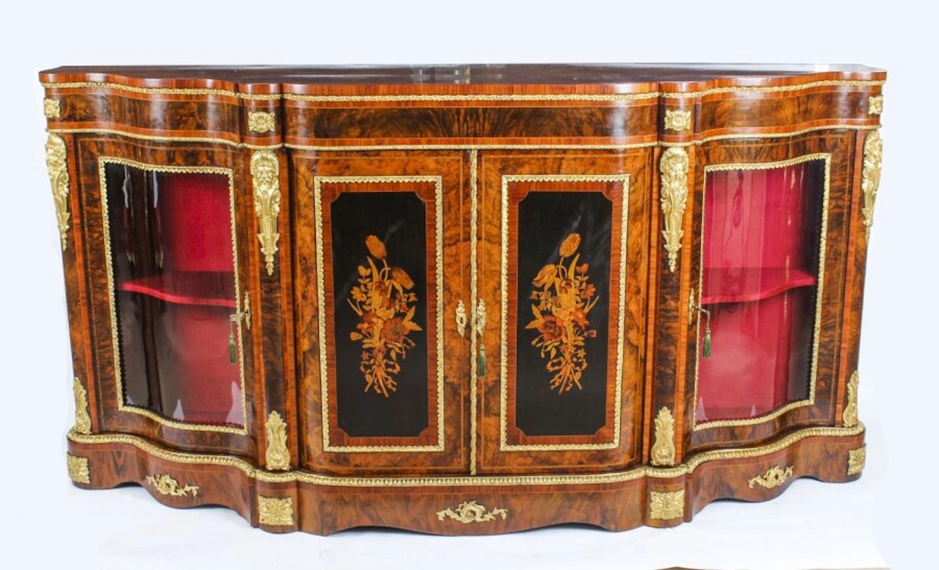 Antique Victorian Burr Walnut & Marquetry Serpentine Credenza c.1860 19th C