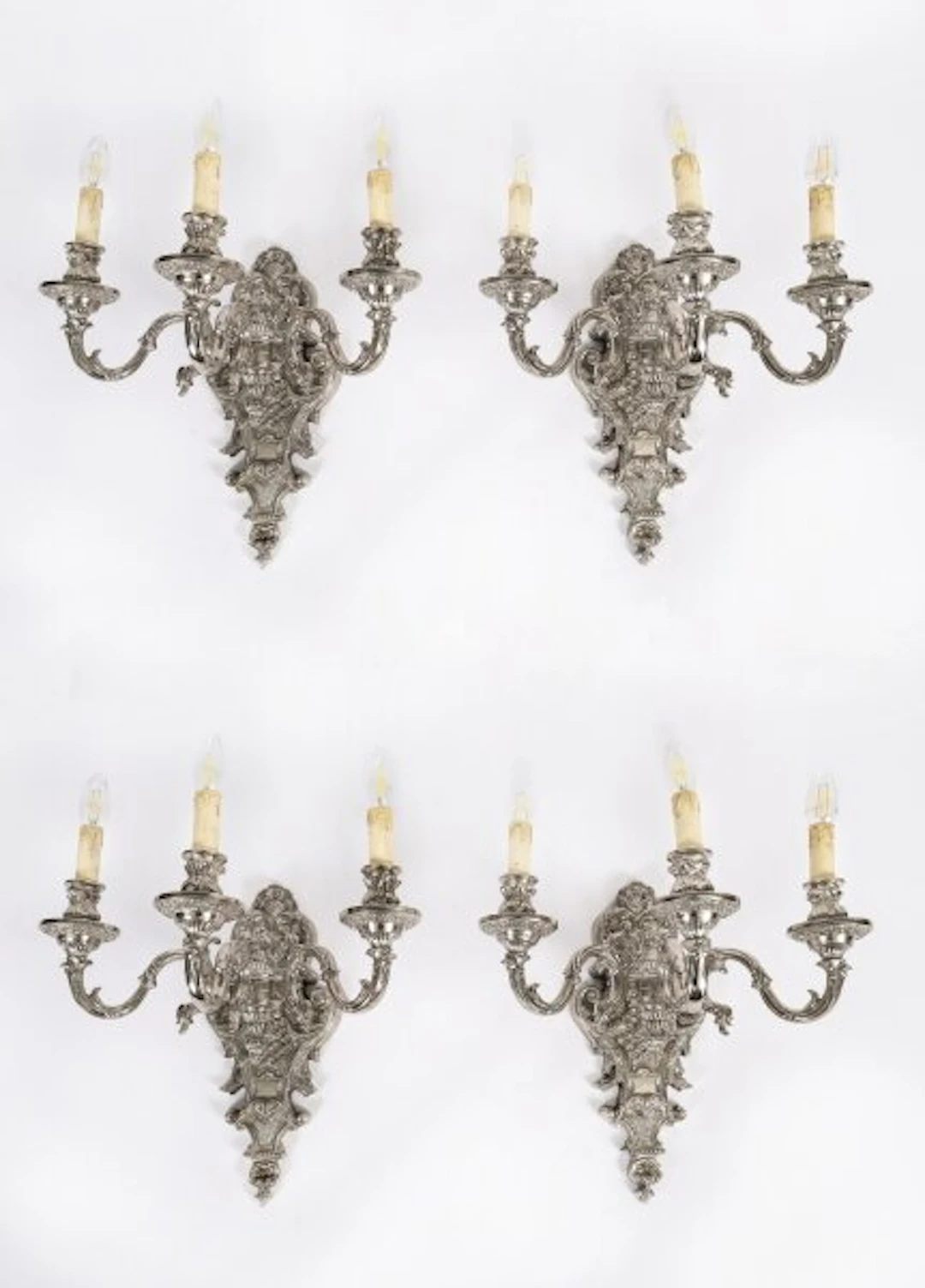 Antique Set of 4 French Silver Plated Wall Lights Appliques Circa 1900
