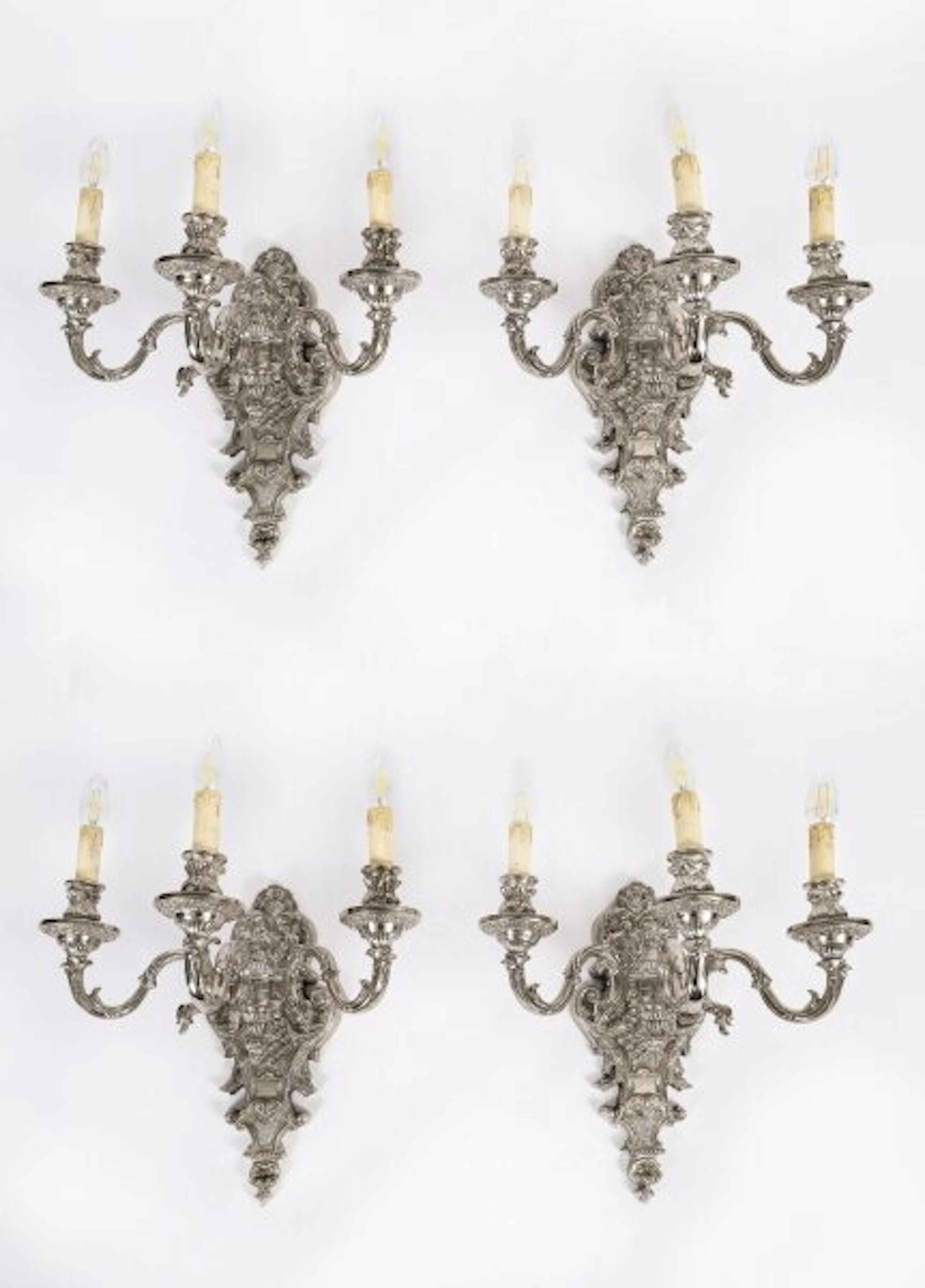 Antique Set of 4 French Silver Plated Wall Lights Appliques Circa 1900