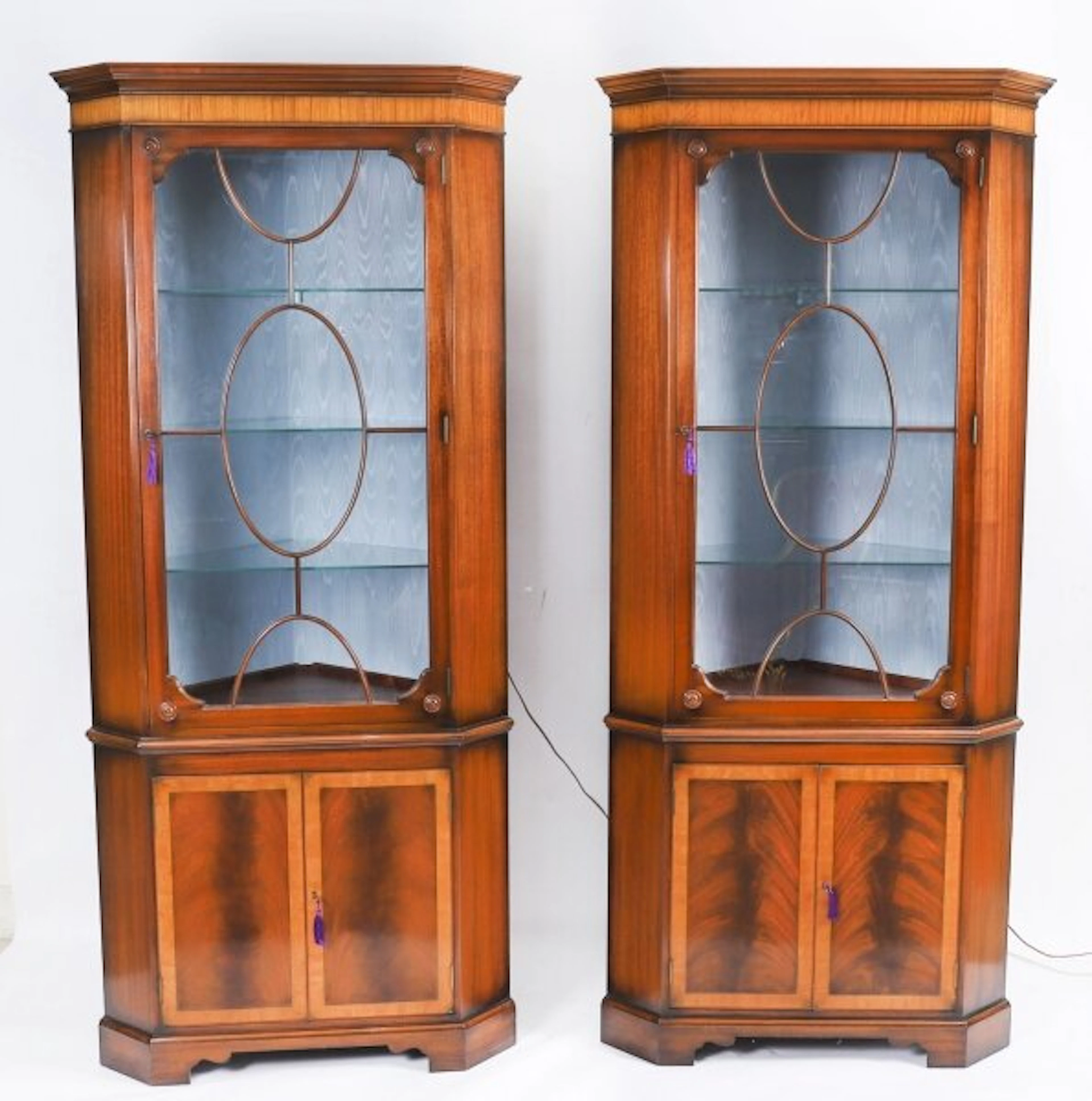 Pair Vintage English Flame Mahogany Corner Display Cabinets Harrods 20thC