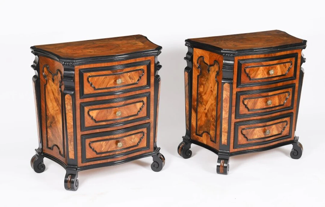 Antique Pair Italian Burr Walnut Serpentine Bedside Chests 18th C
