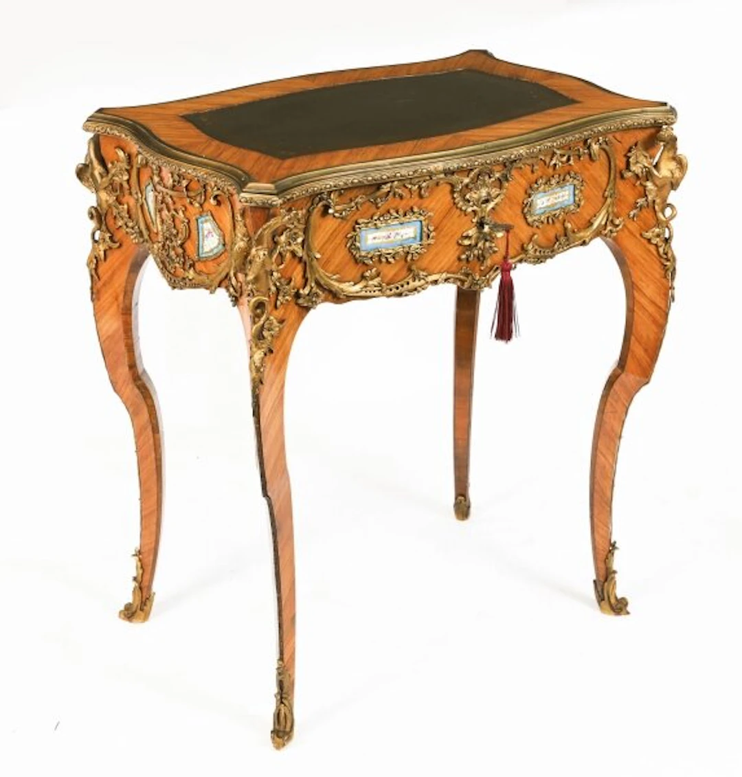 Fine Antique French Kingwood Ormolu Bureau Plat Desk After Linke 19th C