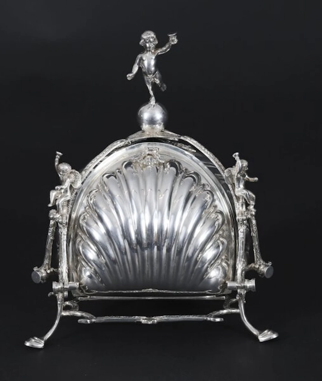 Antique Silver Plate Triple Shell Shaped Biscuit Box Circa 1900