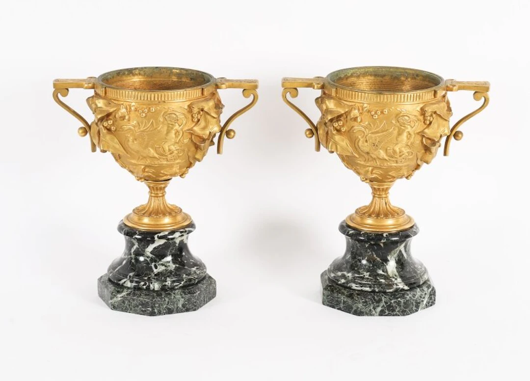 Antique Pair French Grand Tour Gilt Bronze Classical Urns 19th C