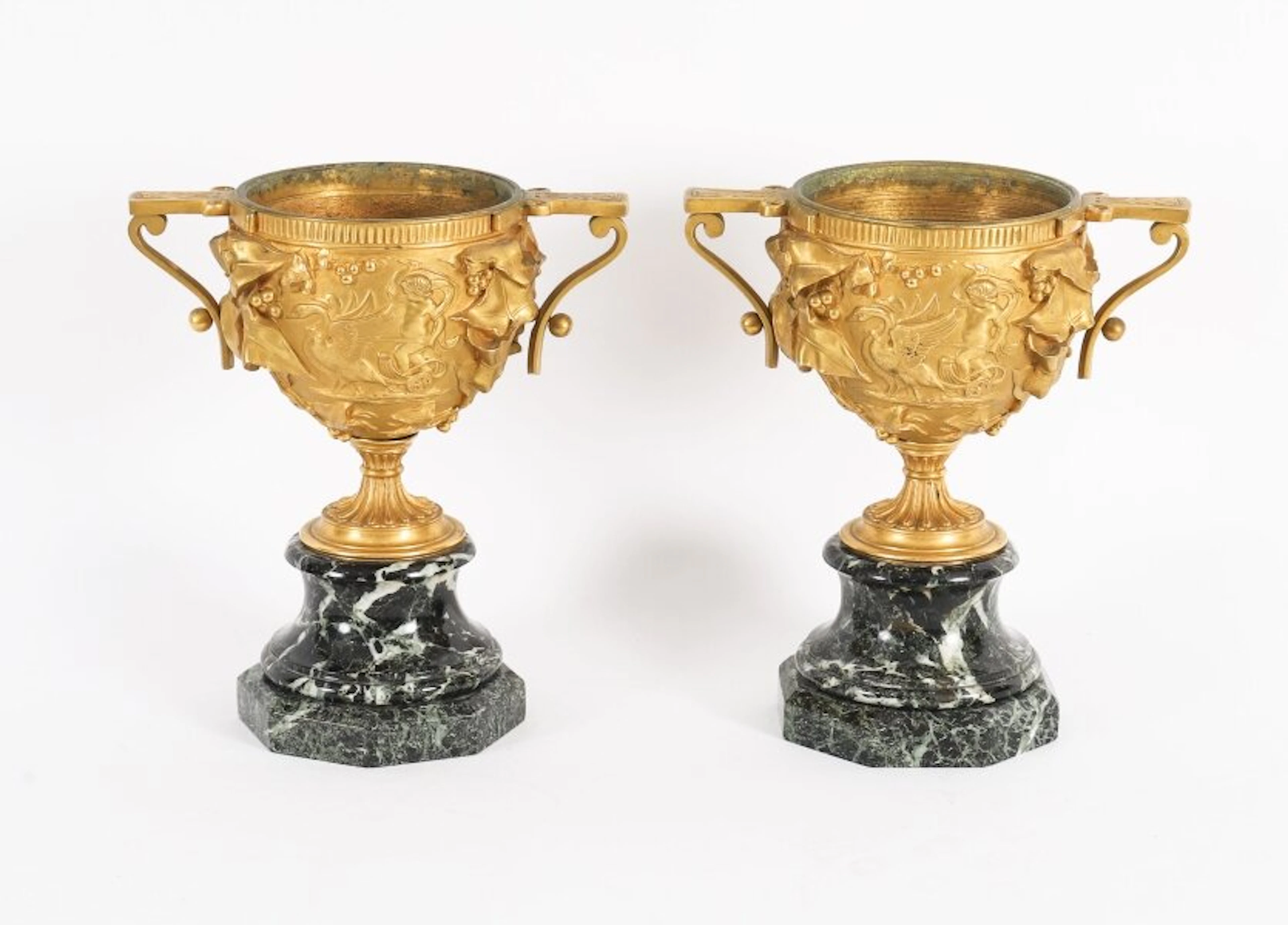 Antique Pair French Grand Tour Gilt Bronze Classical Urns 19th C