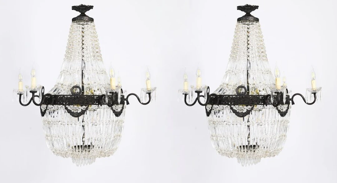 Antique Pair Louis Revival 14 light Ballroom Cut Crystal Tent Chandeliers c1920
