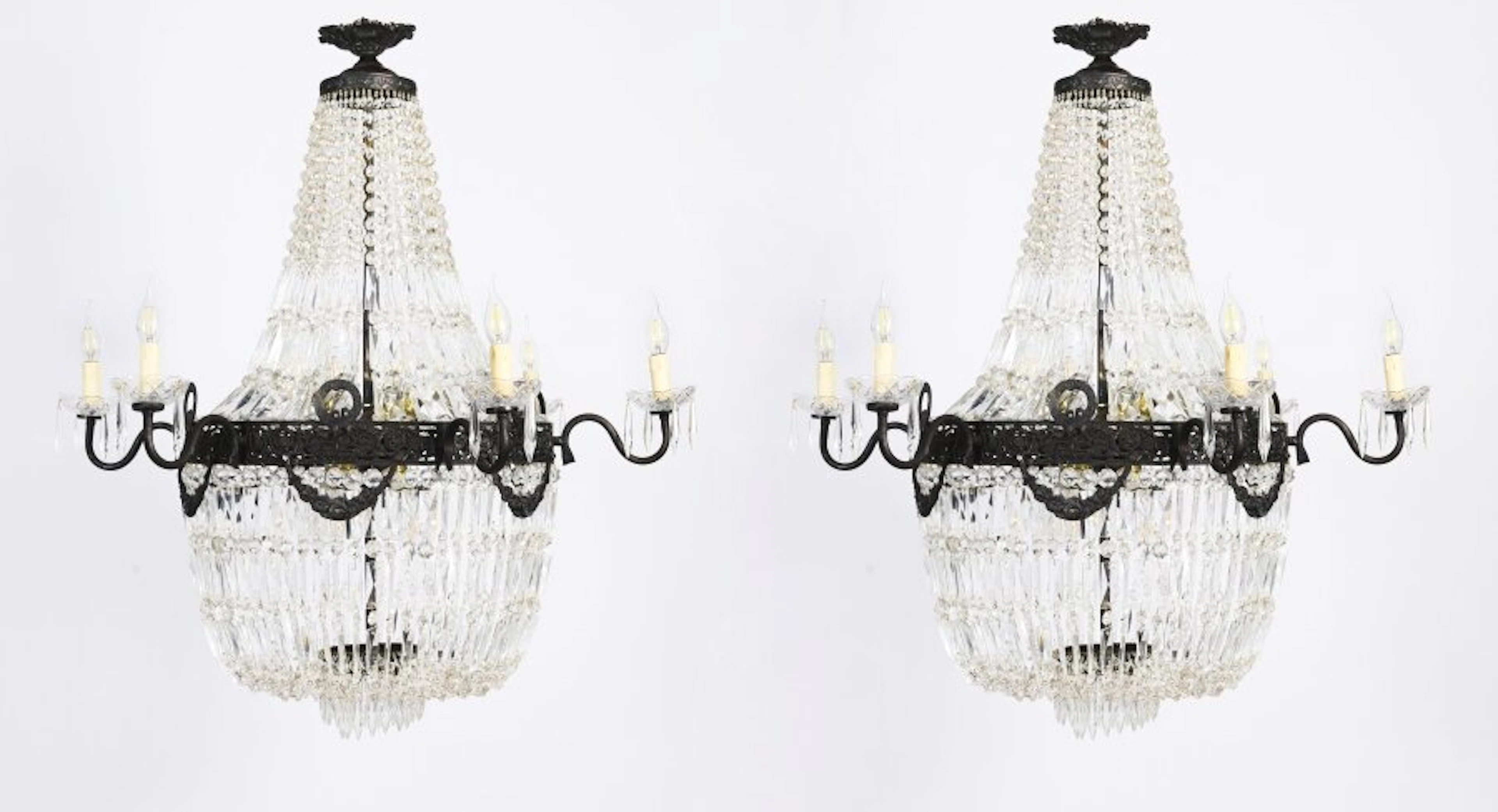 Antique Pair Louis Revival 14 light Ballroom Cut Crystal Tent Chandeliers c1920