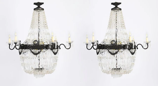 Antique Pair Louis Revival 14 light Ballroom Cut Crystal Tent Chandeliers c1920