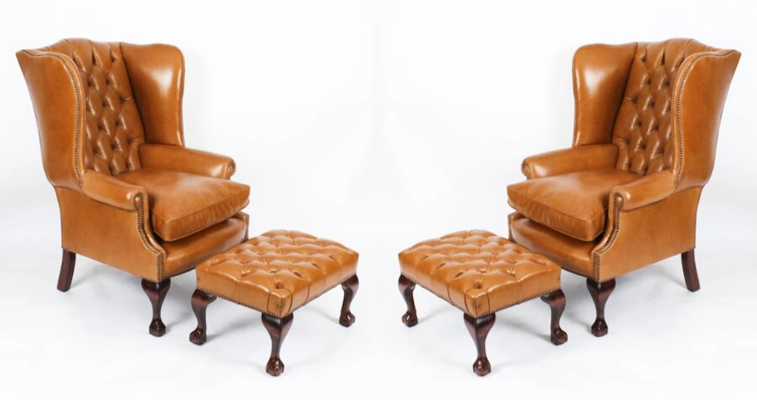 Bespoke Pair Leather Chippendale Wingback Armchairs & Pair Stools Bruciato