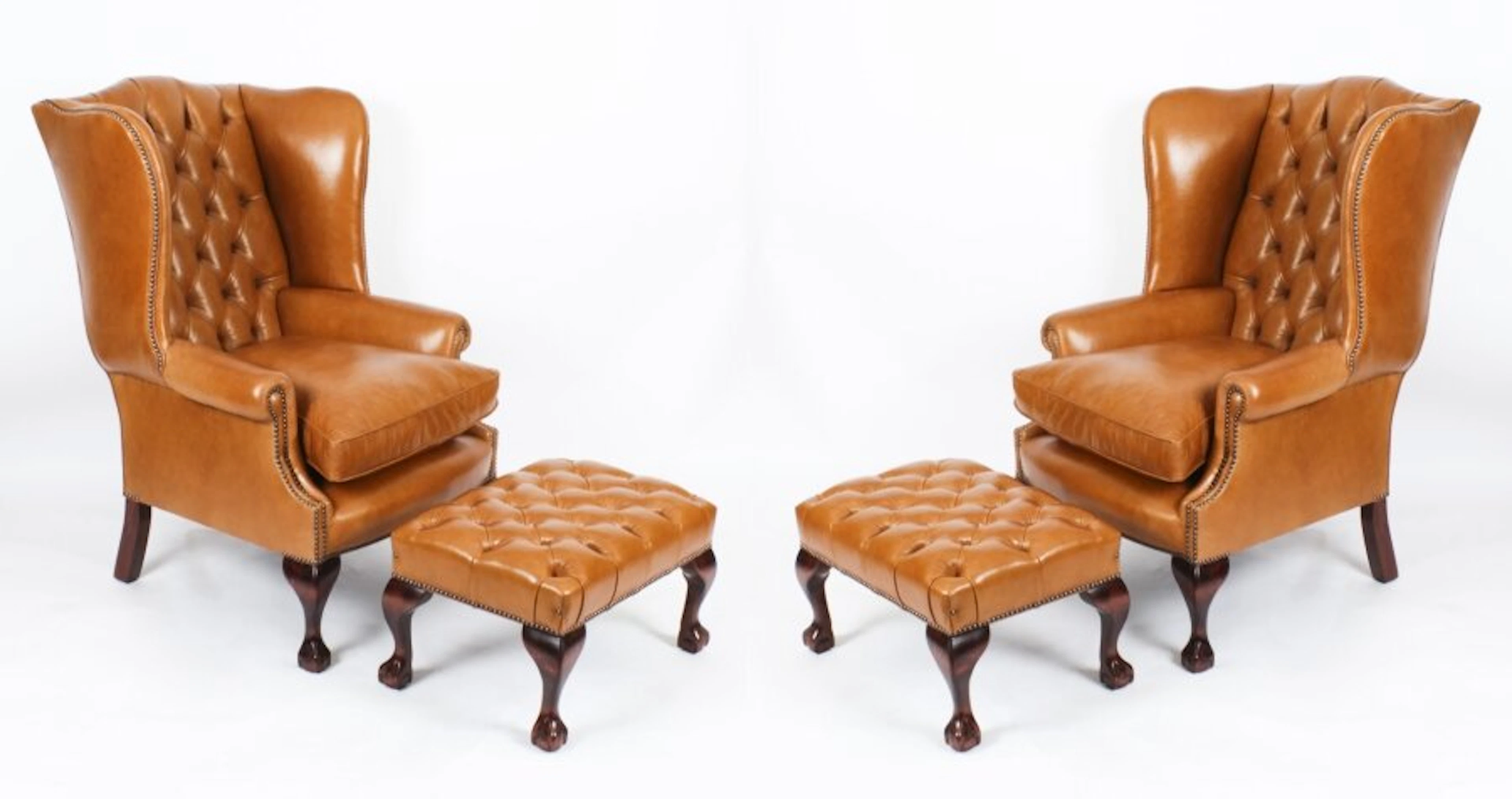 Bespoke Pair Leather Chippendale Wingback Armchairs & Pair Stools Bruciato