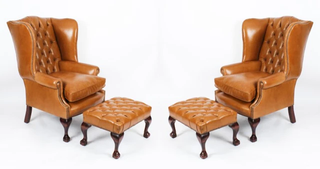 Bespoke Pair Leather Chippendale Wingback Armchairs & Pair Stools Bruciato