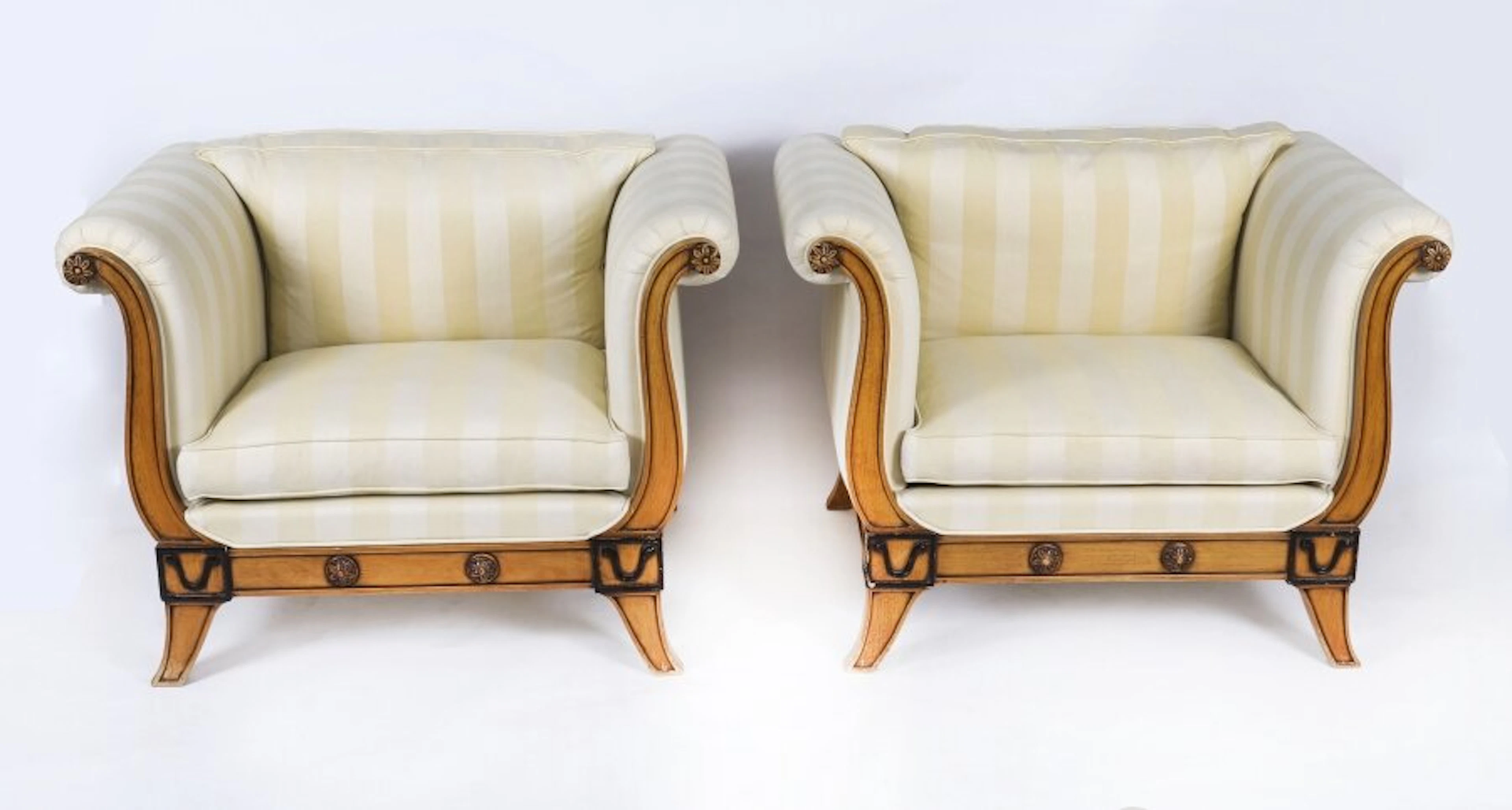 Vintage Pair Birchwood Biedermeier Revival Armchairs Fratelli Boffi