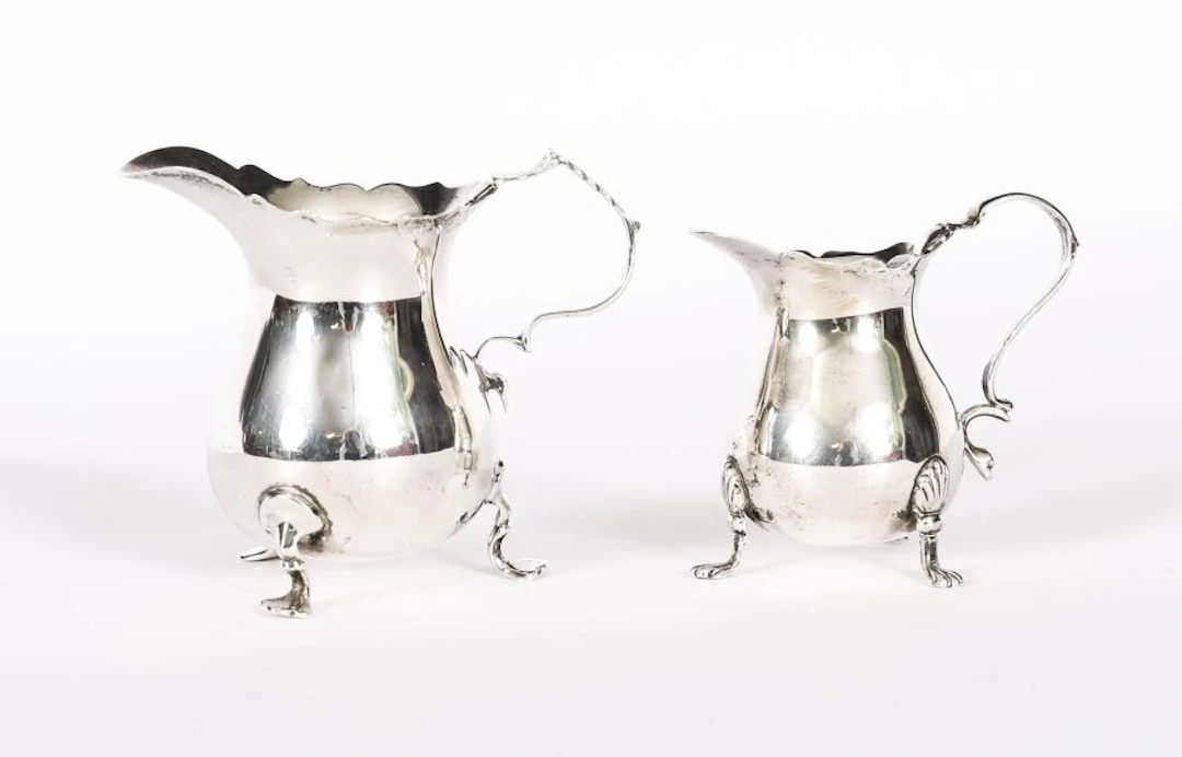 Antique Graduating Pair Victorian Sterling Silver Cream Jugs Chester 1864