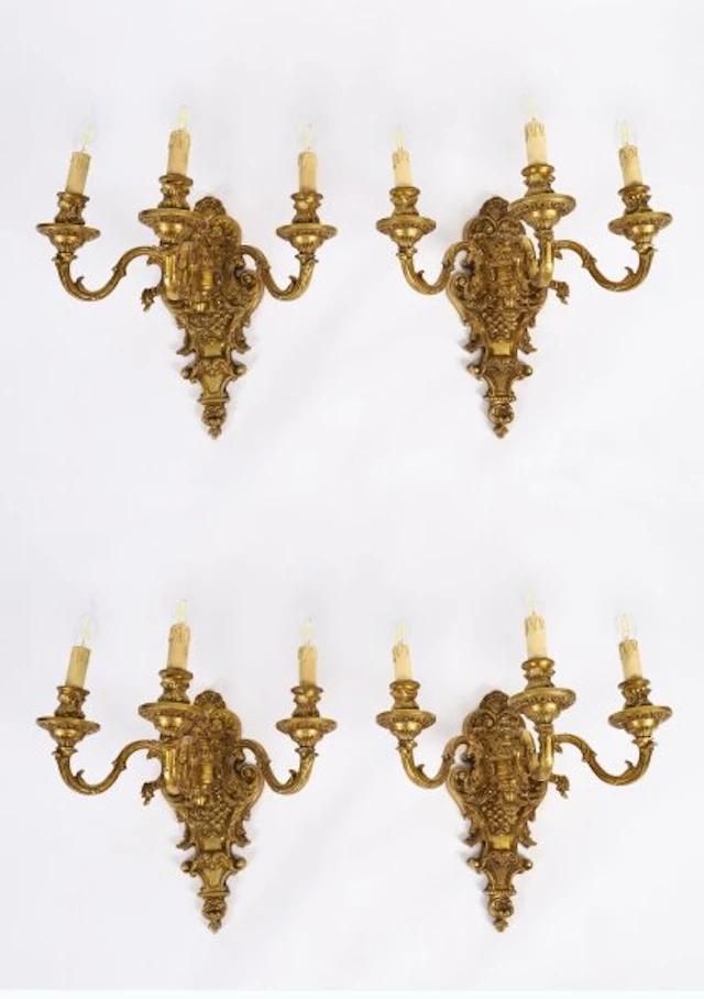 Antique Set of 4 French Gilt Bronze Ormolu Wall Lights Appliques Circa 1900