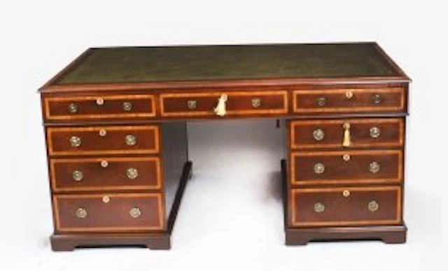 Antique Victorian Flame Mahogany Partners Pedestal Desk c.1860 19th C