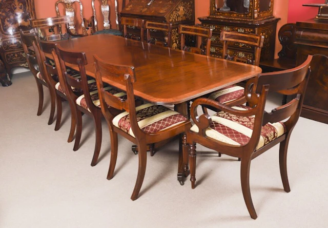 Vintage Twin Pillar Mahogany Dining Table William Tillman &10 chairs 20th C