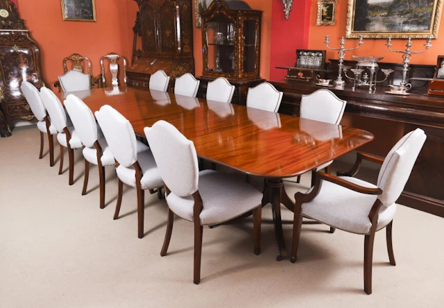 Vintage 3 Pillar Dining Table by William Tillman & 12 dining chairs 20th C