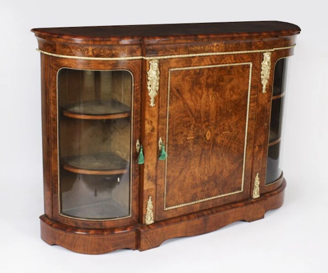 Antique Victorian Burr Walnut Inlaid Ormolu Mounted Credenza 19th C