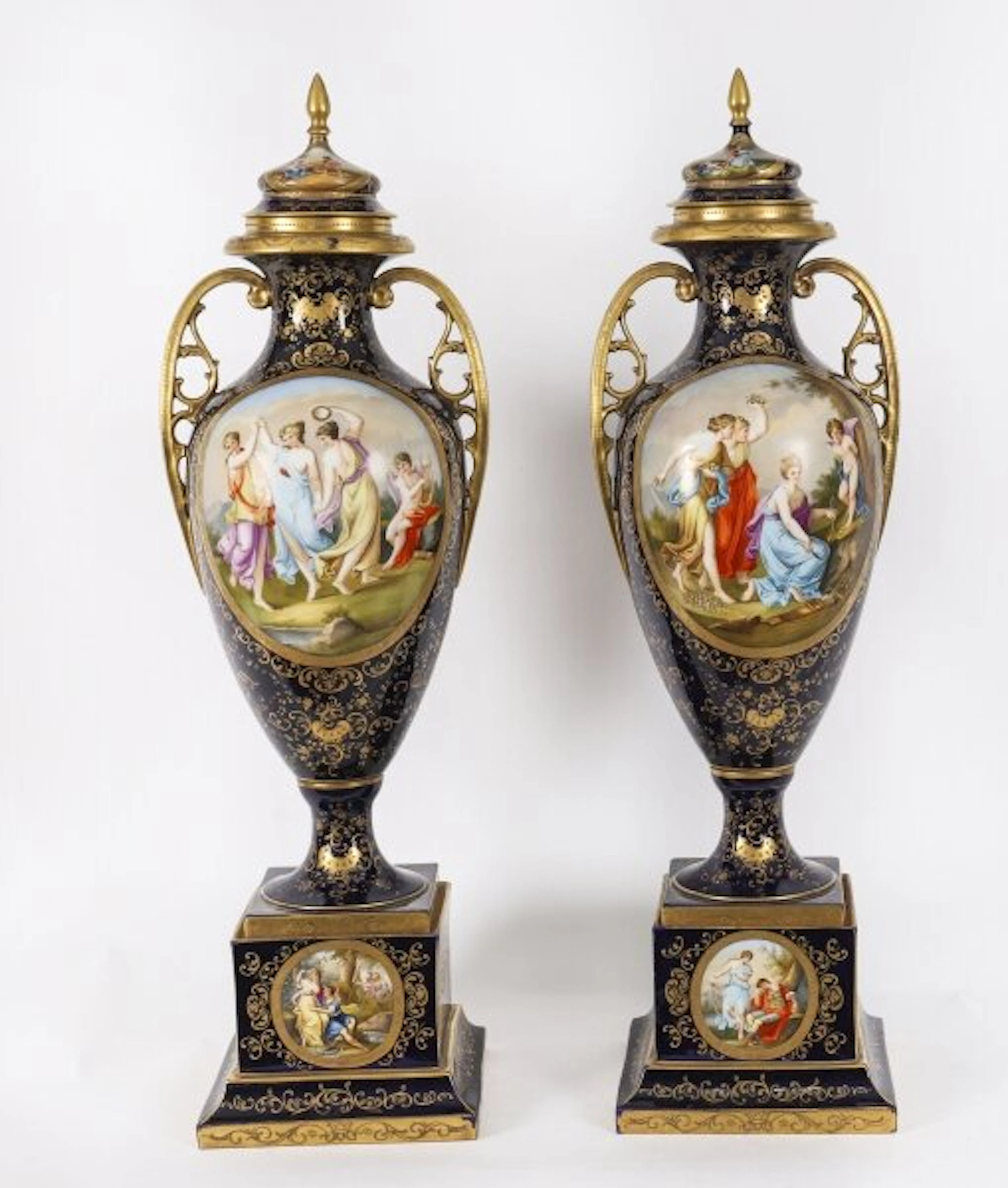 Antique Large Pair 3ft 91cm Royal Vienna Porcelain Vases on Stands 19th C