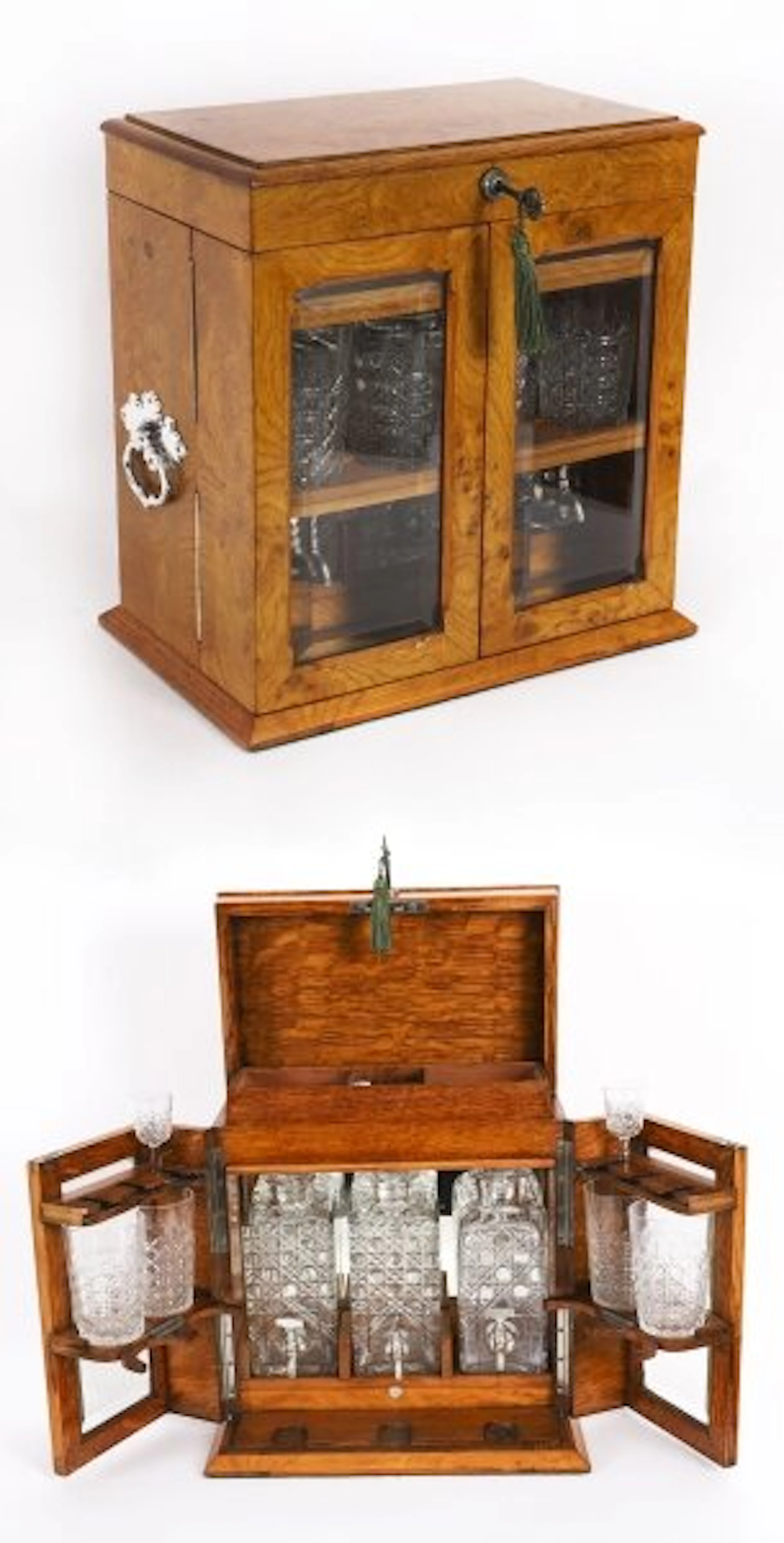 Antique Pollard Oak Three Crystal Decanter Tantalus Dry Bar Humidor 19th C