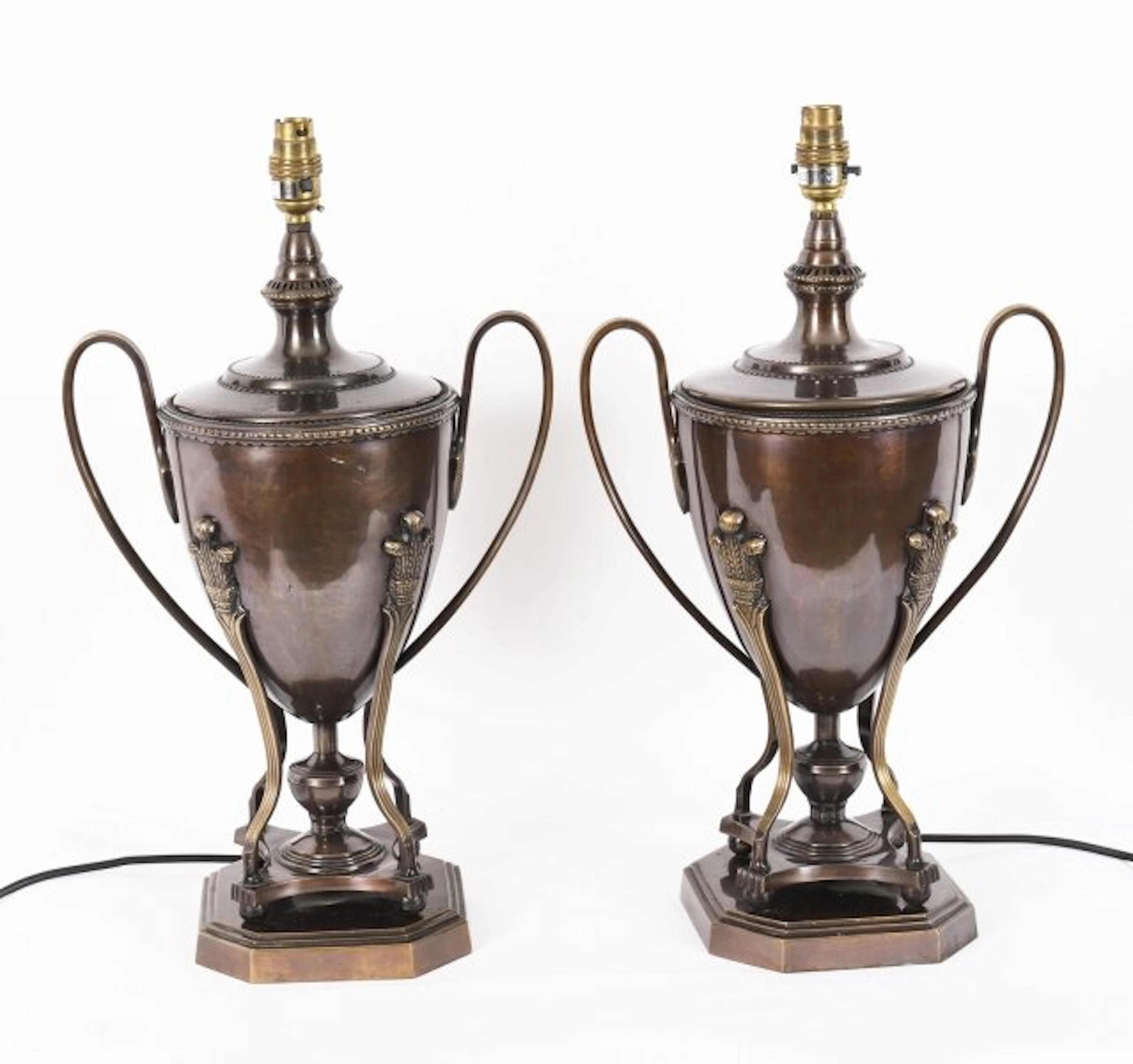 Vintage Pair Twin Handled Bronze Classical Urn Lamps 20th Century