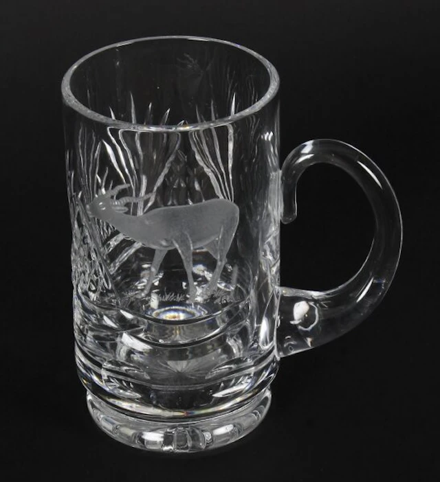 Vintage Cut Glass Tankard Engraved with Stag Signed ACC Mid 20th Century