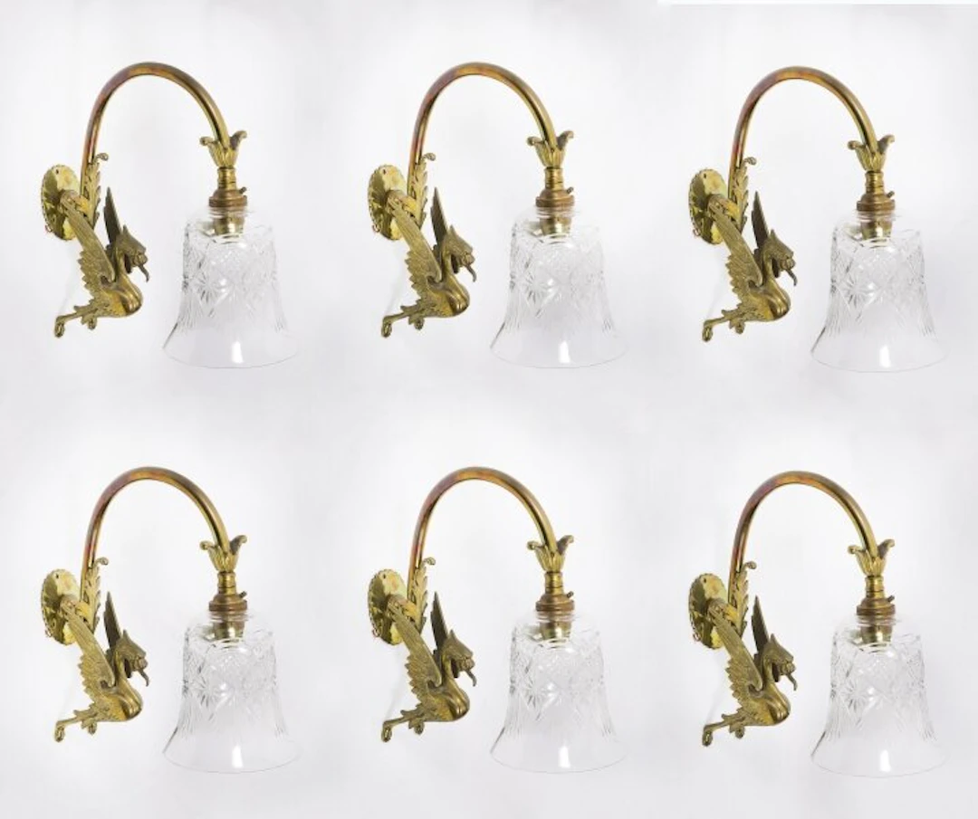 Antique Set of 6 Neo-Classical Ormolu & Glass Griffin Wall Lights Circa 1900