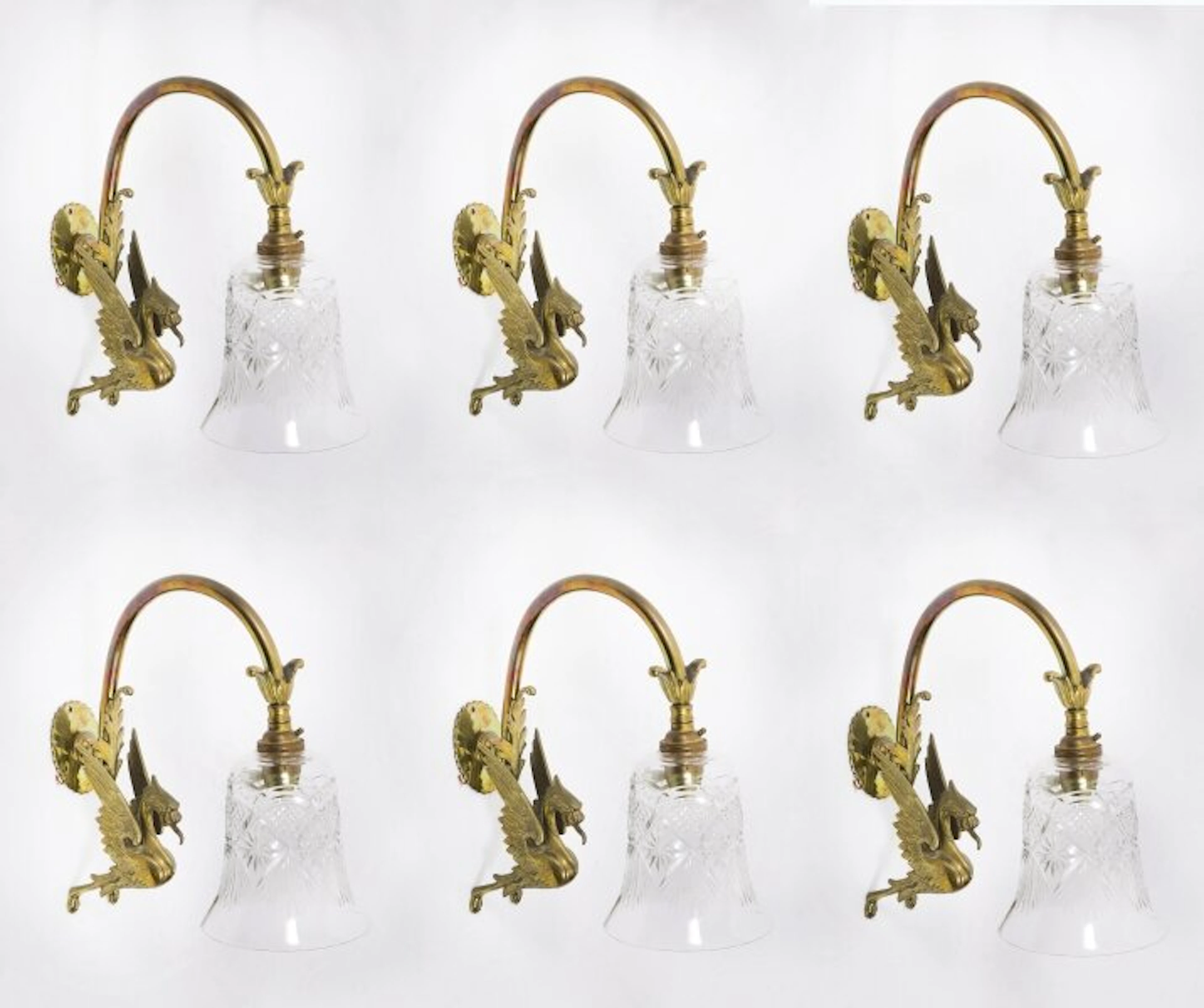 Antique Set of 6 Neo-Classical Ormolu & Glass Griffin Wall Lights Circa 1900