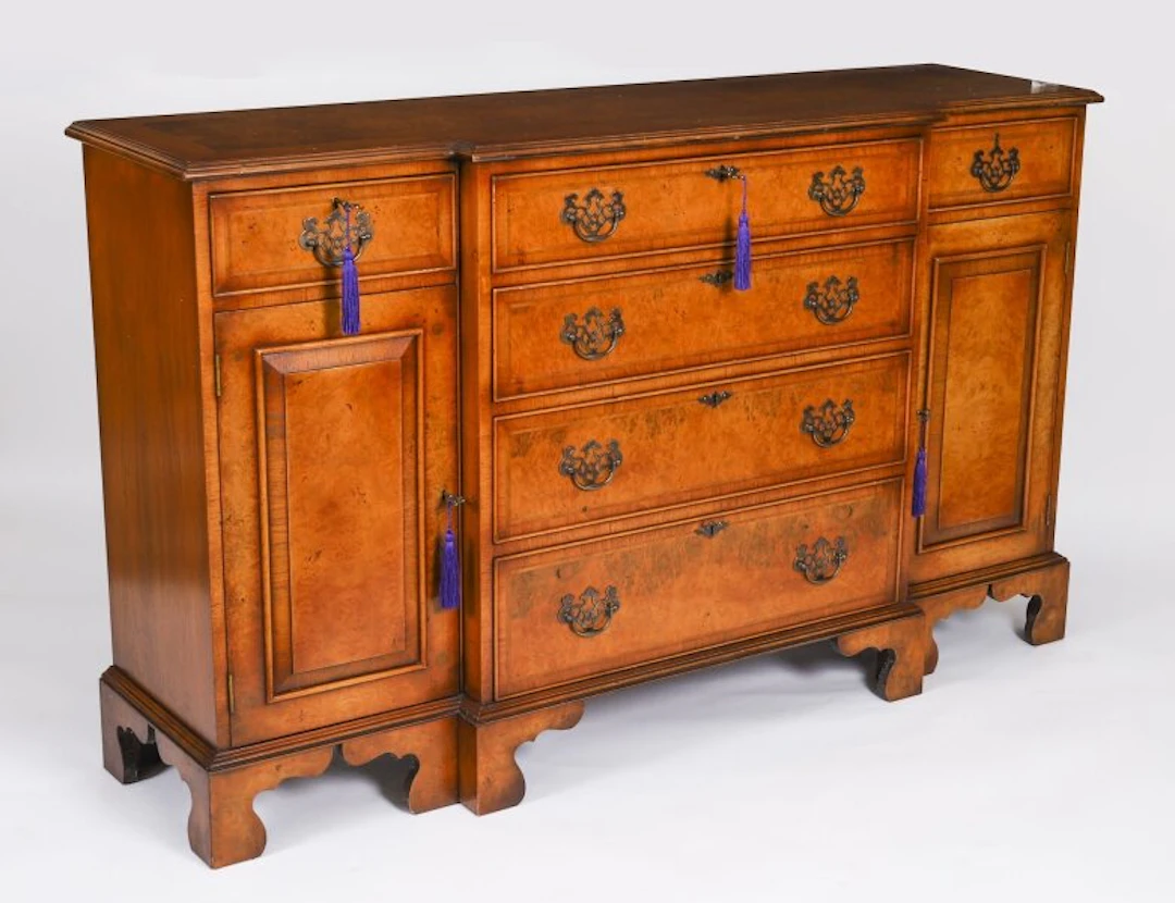 Vintage Burr Walnut Four Drawer Sideboard Credenza 20th C