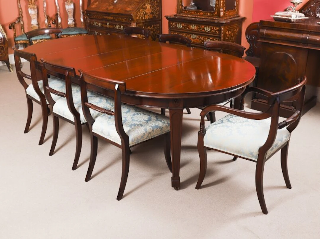 Antique Oval Extending Dining Table & 8 Regency Dining Chairs 19th Century