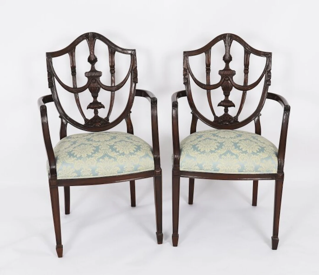 Antique Pair Federal Revival Shield Back Armchairs 20th Century