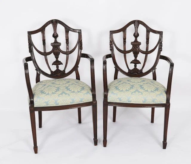 Antique Pair Federal Revival Shield Back Armchairs 20th Century