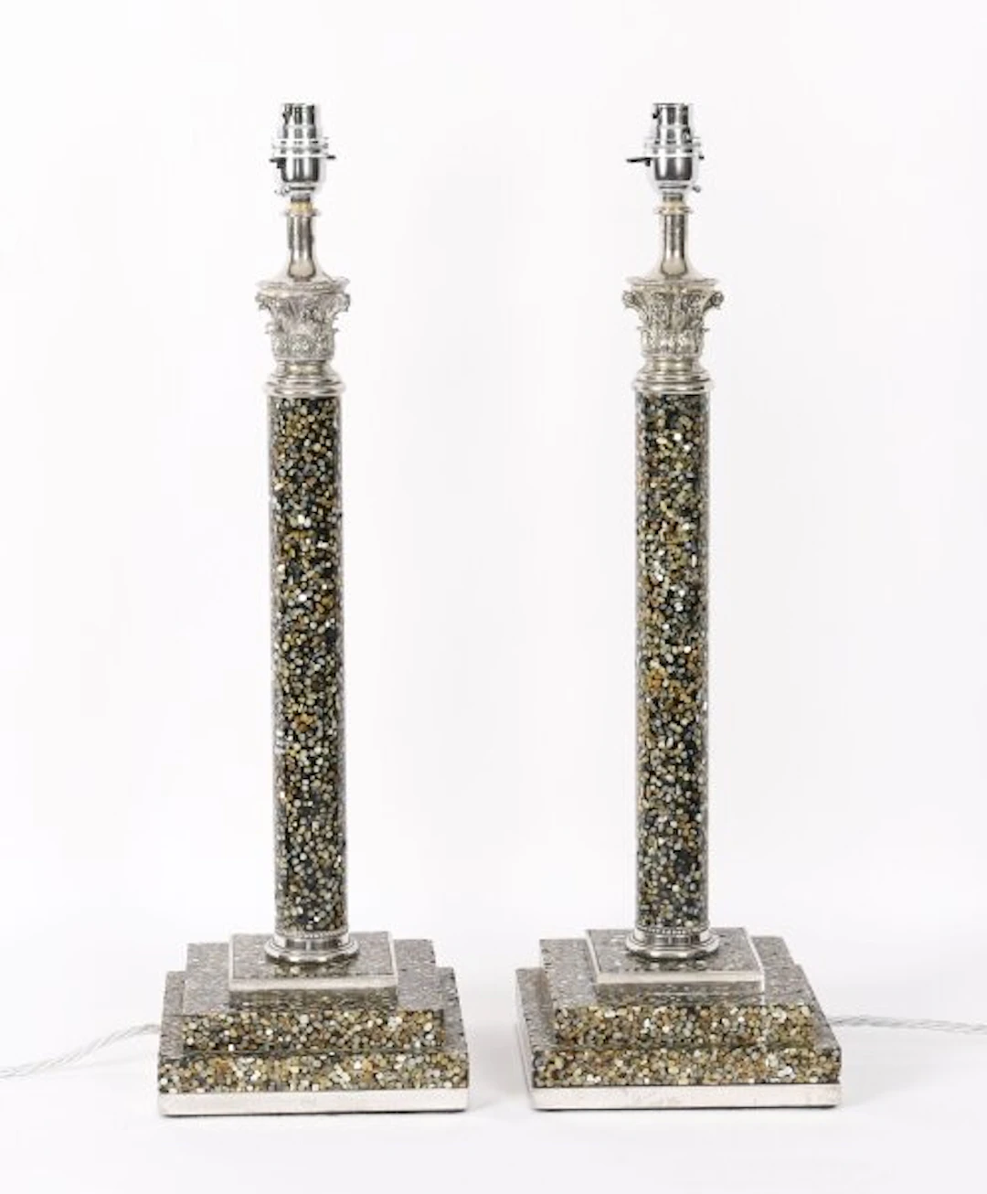 Vintage Pair 2ft Silver Plate & Agate Corinthian Column Table Lamps 20th C