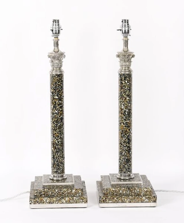 Vintage Pair 2ft Silver Plate & Agate Corinthian Column Table Lamps 20th C