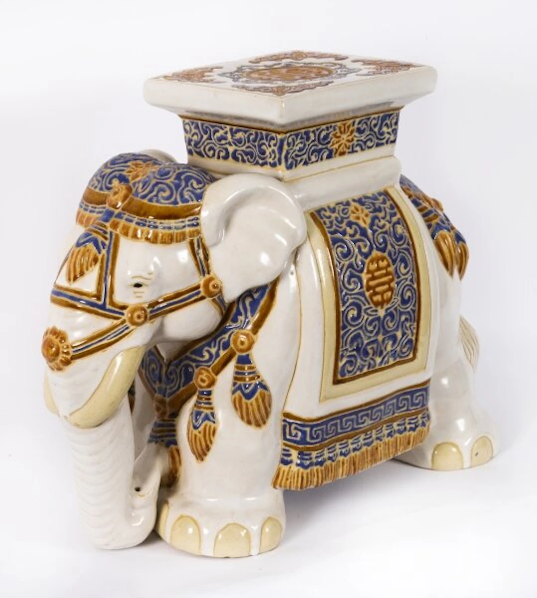 Vintage Glazed Pottery Elephant Garden Seat / Stand Mid 20th Century