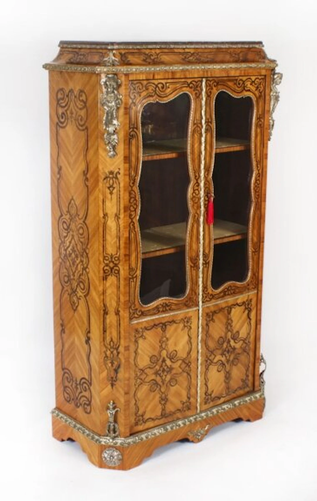 Antique Loius XV Revival Marquetry Kingwood Vitrine Display Cabinet
